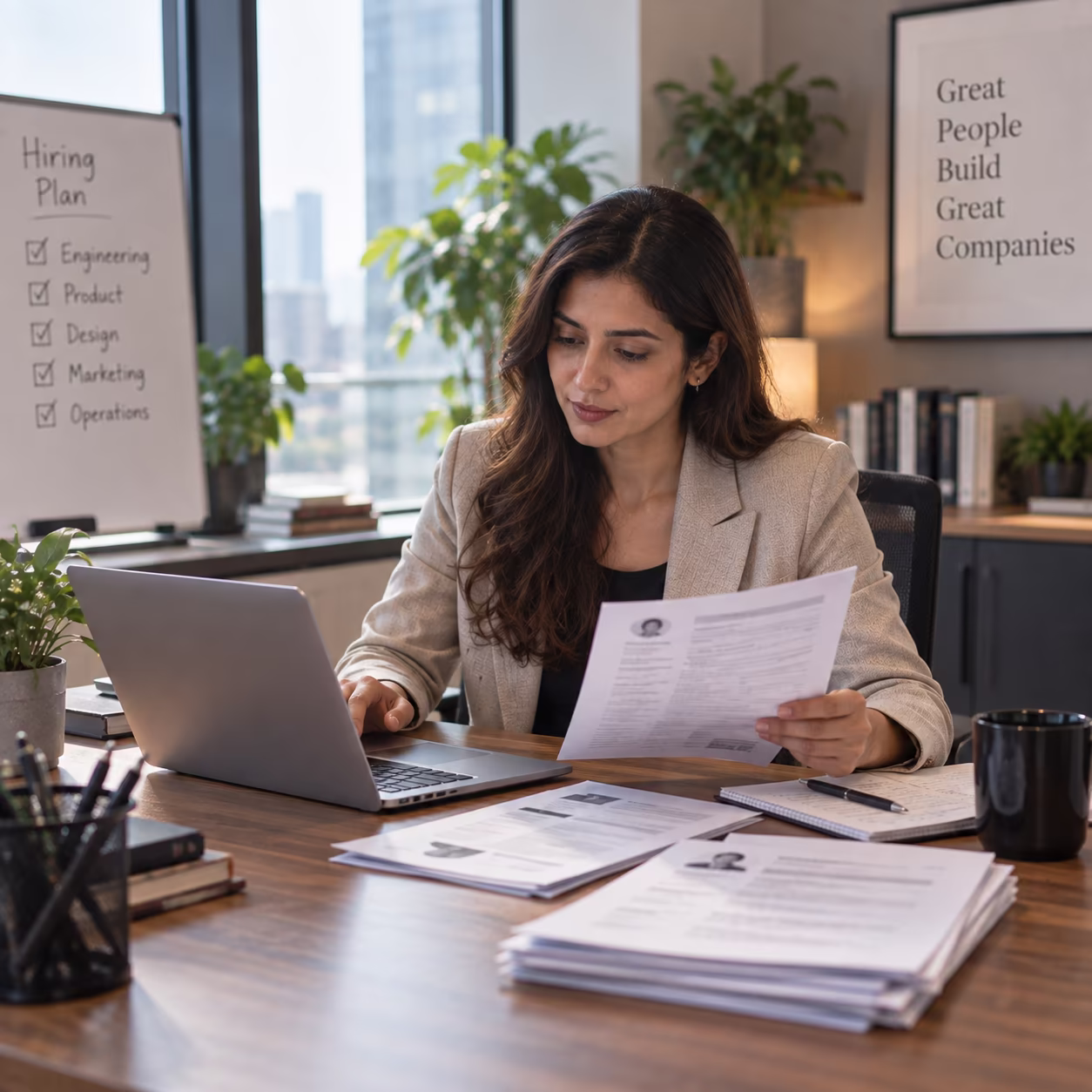 A recruiter reviewing candidate profiles at a desk