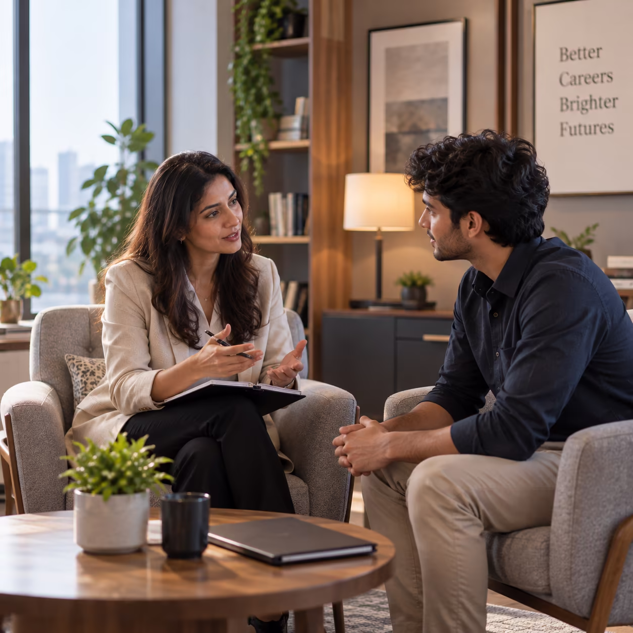 A career counsellor speaking with a professional about their next move